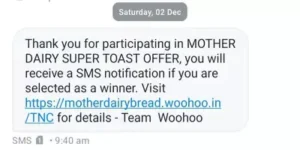 Mother Dairy Super Toast Offer Message Winner Confirmation